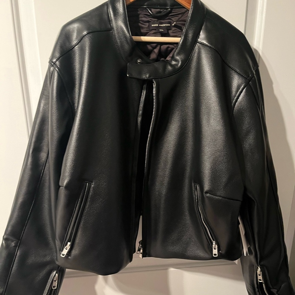 Good American Black Leather Moto-Style Jacket